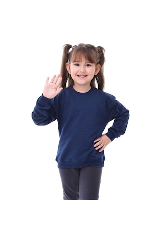 Zuzunga Unisex Basic Bisiklet Yaka Şardonlu Çocuk Sweatshirt 3-10 Yaş Lacivert