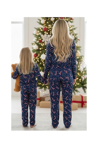Siyah İnci %100 Pamuklu Puanlı Şeker Baston Desenli Yılbaşı Temalı Örme Pijama Takım Lacivert Puanlı Baston