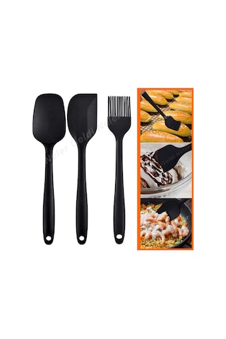Isıya Dayanıklı Yanmaz Yapışmaz Silikon Spatula Seti 3 Parça Siy