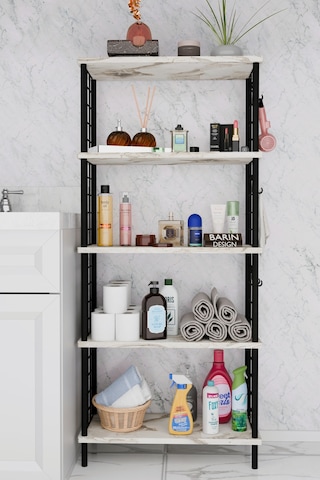 5 Raflı Çevir-kur Raf Ünitesi Telli Metal Gövdeli Organizer Banyo, Mutfak, Balkon, Antre Uyumlu Beyaz Mermer