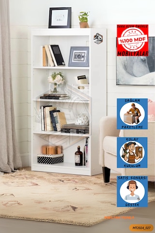 Tamamı Mdf 4 Bölmeli Kapaksız Beyaz Kitaplık Salon Çalışma Odası