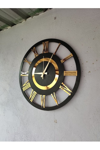 Siyah Ve Ceviz Renk Gold Sayılı Hediyelik Ahşap Dekoratif Farklı Desenli Ev Duvar Saati 50cm Ceviz