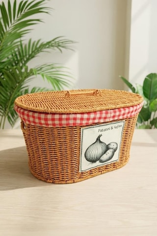 Oval Rattan Hasır Patates Soğan Çift Bölmeli Sepet Düzenleyici Organizer -9t03 Çok Renkli