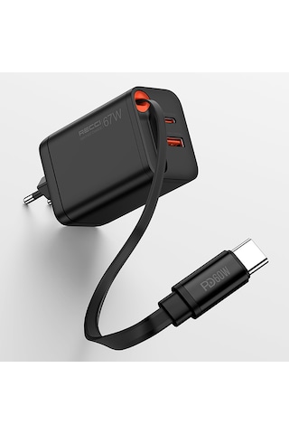 Recci Rc103e Gan Teknolojili Şarj Başlığı Usb-a To Type-c Pd 67w Type-c Kablolu Şarj Seti Siyah