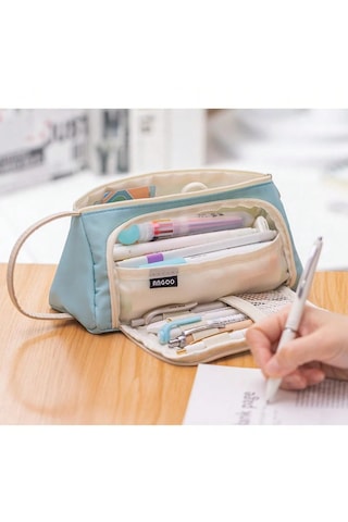 Geniş Büyük Kapasiteli Çok Fonksiyonlu Pastel Renkli Kalemlik Kalem Kutusu Çantası Makyaj Çantası Orijinal Angoo Büyük Kapasiteli Twill Kalemlik - Kalem Kutusu Mavi