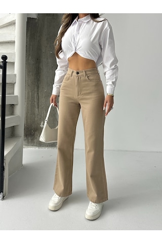 Kadın Yüksek Bel Keten Boyfriend Bol Paça Kahve