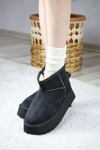 Asmi Shoes Kadın Pavro Süet İçi Kürklü Kalın Taban 4.5 Cm Mini Kısa Bot Siyah Siyah