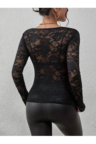 Kadın Sonbahar Ve Kış Yeni Seksi Tek Katmanlı Çiçekli Dantel Kenarlı Süsleme İçlik Küçük Gömlek Üstler Lacivert