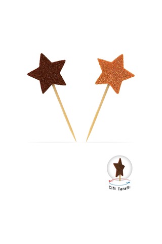 Turuncu-kahverengi Çift Taraflı Yıldız Simli Eva Kürdan Cupcake Toppers Cupcake Çubuğu 12'li