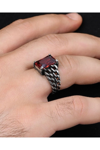 Prestij Gümüş Gemici Zincir Modeli Kırmızı Zirkon Taşlı 925 Ayar Gümüş Erkek Yüzüğü 800927