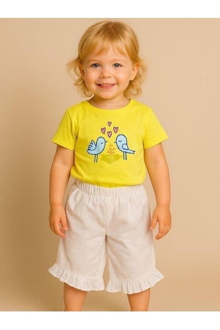 Kız Bebek Kuş Desenli Pamuklu Şortlu Takım-16072 Sari