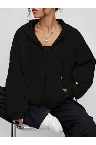 2'li Baskısız Fermuarlı Hırka Sweatshirt - Siyah Gri Oversize Kışlık Kalın Kapüşonlu Siyah Gri