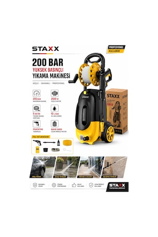 Staxx St20020m 200bar Basınçlı Yıkama Makinesi Çelik Şanzıman Bakır Sargılı Motor Köpük Aparatı