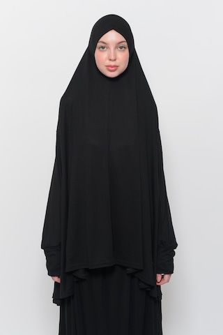 Pratik 2 Parça Pamuklu Yarasa Kollu Başörtülü Tesettür Namaz Elbisesi Siyah Antrasit