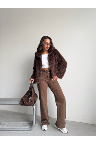 Verymoda Yapay Kürk Kadın Ceket Fermuarlı, Yumuşak Dokulu Modern Kışlık Mont F2037 Koyu Kahve