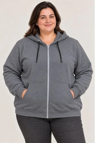Zennamoda Battal Büyük Beden Üç İplik İçi Şardonlu Kapüşonlu Tam Fermuarlı Kışlık Sweatshirt - Füme