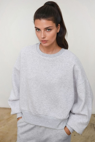 Hiccup Loose Fit Bisiklet Yaka Pamuklu Basic Şardonlu Örme Sweatshirt Gri