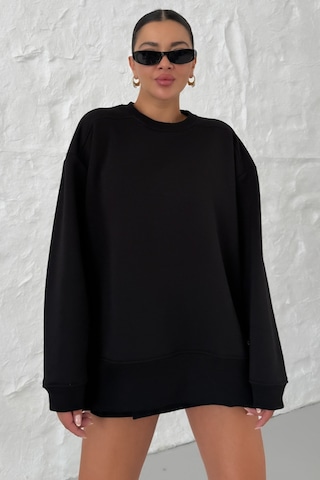 Kadın Siyah Bisiklet Yaka Yanı Yarım Fermuar Detaylı Sweatshirt Siyah