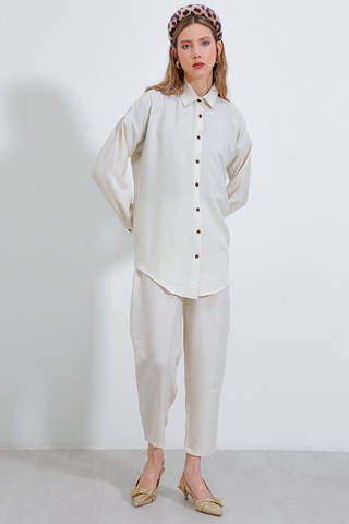Bigdart Kadın Ekru Oversize Keten Alt Üst Takım 6622 001