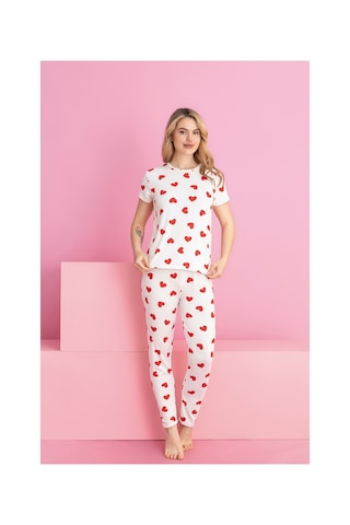 Rindahomewear Kadın Milan Kalp Desenli Kısakol Pijama Takımı Beyaz Kalpli