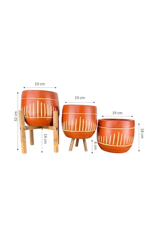 Bitki Tasarımı Ev Dekorasyon Aksesuar Dik Çizgi Desenli Toprak Saksı Saksılık Salon Çiçeklik Üçlü Set - 19 CM