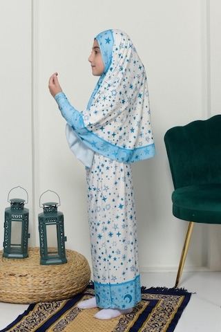 Çocuk Namaz Takımı Pratik İki Parça Desenli Kollu Tak Çıkar Başörtülü Likralı Tesettür Elbise 6-12 Yaş 901-0301 Çok Renkli