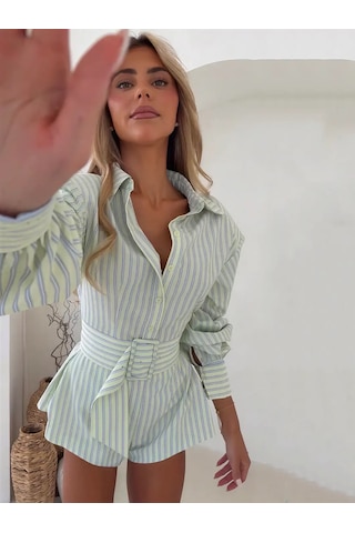 Havens Honey Çizgili Şort Gömlek Kemer Set Yeşil