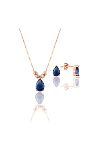 Gümüş Rose Safir Renkli Dorica Damla Kolye ve Çivi Modeli Küpe Se