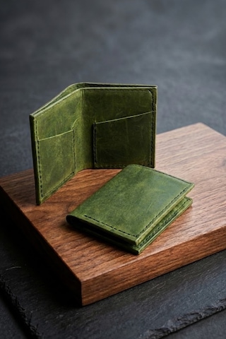 Huggy Craft Hakiki Deri Vintage Haki Yeşil Kartlık Cüzdan El Yapımı Minimalist Kartlık