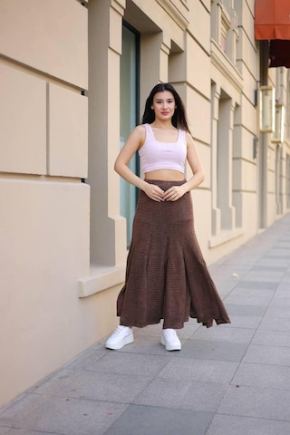 Eren Style Bohem Yıkamalı Parçalı Beli Lastikli Astarlı Uzun Koton Etek Kahverengi