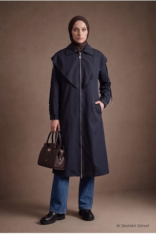 Armine Trend Pelerin Yaka Cep Detaylı Fermuarlı Uzun Boy Kap 122 Cm Boy Lacivert 26kt704