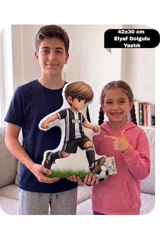 Taraftar Yastık Siyah Beyaz Formalı Futbolcu Figür İsimli Yastık Çift Yön Baskılı Yastık 42x30cm Siyah - Beyaz