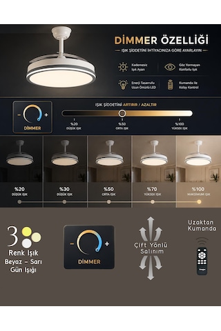 German Black Kuhle Tavan Vantilatörü 3 Renk Led Gizli Pervaneli Kumandalı Dimmer Ayarlı Bl Sistem Isınmaz Motor