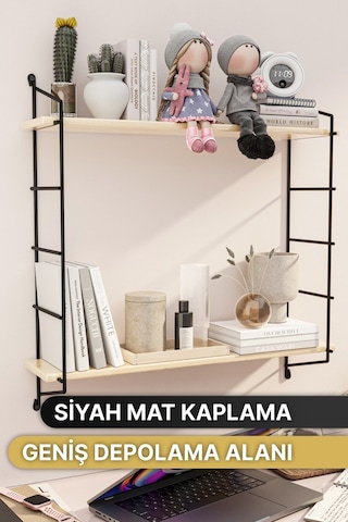 Bino Duvar Rafı Masif Doğal Ahşap Büyük Boy Geniş 2 Katlı Kitaplık Terek Mutfak Rafı Banyo Rafı