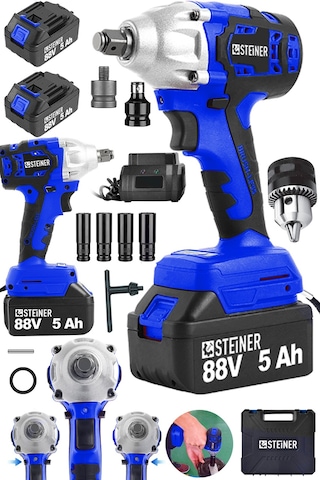 Steiner 88V 5Ah Çift Akülü Kömürsüz Çantalı Matkap Bijon Somun Sıkma Makinesi Mavi + Mandren