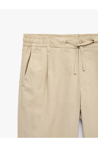 Koton Slim Fit Cepli Pileli Keten Karışımlı Düğmeli Beli Lastikli Bağcıklı Pantolon Bej 6sam40167hw Ekru