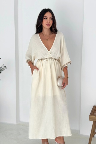 Asprin Fashion Anvelop Yaka Pullu Elbise Beyaz Beyaz