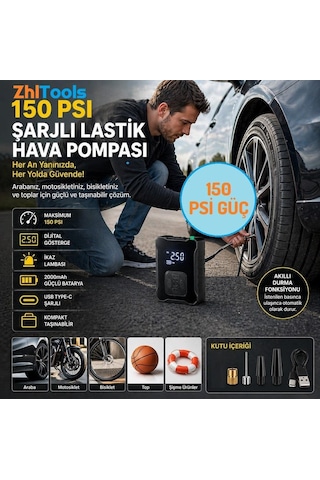 Zhltools Şarjlı Hava Kompreserü İkaz Lambalı Oto Lastik Pompa 150 Psi
