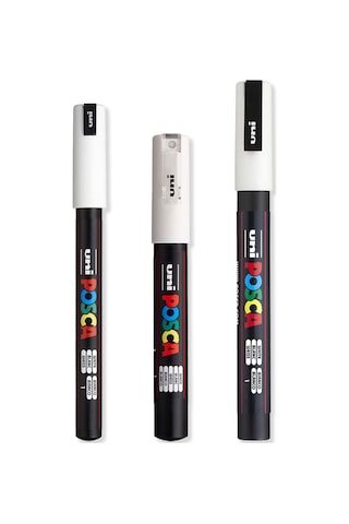 Posca - Ultra İnce - İnce Boya Marker Kalem Seti - Pc-1mr, Pc-1m, Pc-3m - Beyaz Mürekkep - 3'lü Paket
