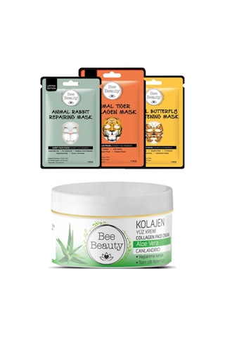 Aloe Vera Kolajen Yüz Kremi 50 Ml Animal Kağıt Maske Set 3 X 25 Gr