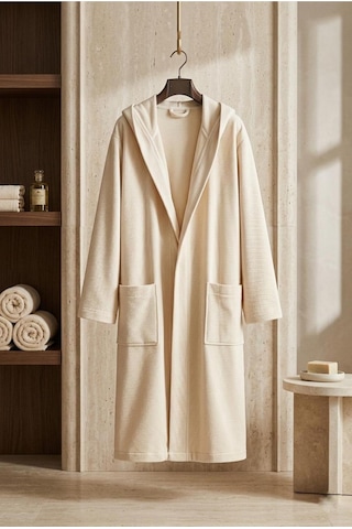 Soft Comfort Lacost Örgü Unisex Kapüşonlu Bornoz Bej