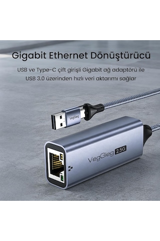 Lexroo Usb-a Ve Type-c 2.5g Gigabit Ethernet Dönüştürücü Adaptör
