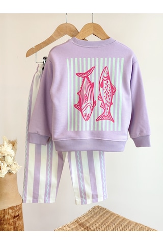 Magu Kız Çocuk Pamuklu Balık Baskılı Lila Sweatshirt Ve Çizgili Pantolon Takımı Çok Renkli