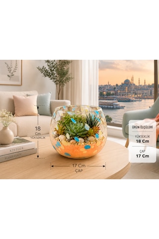 Üfleme Cam Teraryum Saksı Seti Turuncu Mavi Benekli Dekoratif Cam Kase Vazo 18x17 Cm