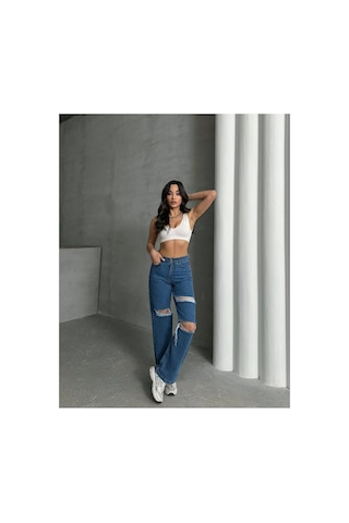 Kene Jeans Çift Diz Lazer Yırtık Mavi Bol Paça Jeans Mavi