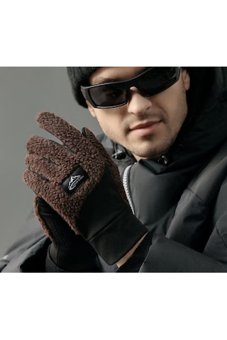 Snapbuy Unisex Kışlık, Parmak Açılır Dokunmatik, Kalın Peluş Eldiven Koyu Kahverengi