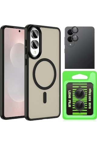 Vendas Galaxy Uyumlu S25 Edge Kılıf M-safe Şarj Özellikli Mat Arka Yüzey Zore Sio Kapak + Kamera Lens Koruyucu Siyah
