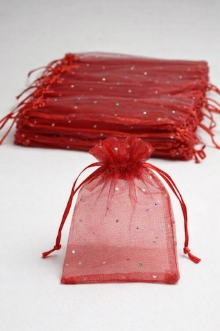 50 Adet Kına Kesesi Kırmızı Tüllü Simli Kına Gecesi, Düğün, Nişan Hediyelik 9x12 Cm