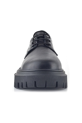 Rakerplus Siyah Kırışık Hakiki Deri Bağcıklı Metal Detaylı Günlük Oxford Ayakkabı Siyah