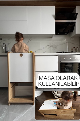 Fonksiyonlu Masa Olabilen Öğrenme Kulesi Montessori Öğrenme Kulesi Aktivite Masası Öğrenme Kulesi Beyaz-safir Meşe